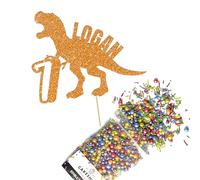 Cakeshop Cake Decoration Pack | Dinosaur Birthday Premium Double Sided Glitter Card Cake Topper Sign & 25g Party Pack of Cake Sugar Sprinkles | Custom Name & Age Cake Decorations (Orange)