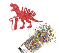 Cakeshop Cake Decoration Pack | Dinosaur Birthday Premium Double Sided Glitter Card Cake Topper Sign & 25g Party Pack of Cake Sugar Sprinkles | Custom Name & Age Cake Decorations (Red)