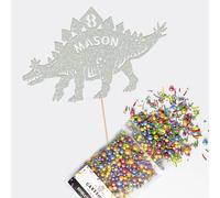 Cakeshop Cake Decoration Pack | Dinosaur Birthday Premium Double Sided Glitter Card Cake Topper Sign & 25g Party Pack of Cake Sugar Sprinkles | Custom Name & Age Cake Decorations (Light Silver)