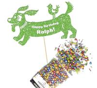 Cakeshop Cake Decoration Pack | Dog Theme Happy Birthday Premium Double Sided Glitter Card Cake Topper Sign & 25g Party Pack of Cake Sugar Sprinkles | Custom Name Cake Decoration (Green)