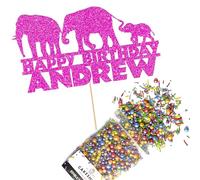 Cakeshop Cake Decoration Pack | Elephant Jungle Birthday Premium Double Sided Glitter Card Cake Topper Sign & 25g Party Pack of Cake Sugar Sprinkles | Custom Name Cake Decoration (Bright Pink)