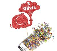 Cakeshop Cake Decoration Pack | Elephant Theme Birthday Premium Double Sided Glitter Card Cake Topper & 25g Party Pack of Cake Sugar Sprinkles | Custom Name & Age Cake Decoration (Red)