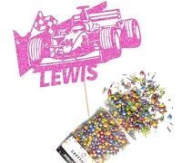Cakeshop Cake Decoration Pack | F1 Formula 1 Racing Car Premium Double Sided Glitter Card Cake Topper & 25g Party Pack of Cake Sugar Sprinkles | Custom Name Cake Decorations (Baby Pink)