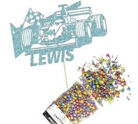 Cakeshop Cake Decoration Pack | F1 Formula 1 Racing Car Premium Double Sided Glitter Card Cake Topper & 25g Party Pack of Cake Sugar Sprinkles | Custom Name Cake Decorations (Baby Blue)