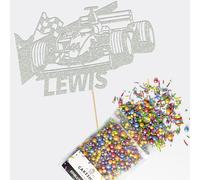 Cakeshop Cake Decoration Pack | F1 Formula 1 Racing Car Premium Double Sided Glitter Card Cake Topper & 25g Party Pack of Cake Sugar Sprinkles | Custom Name Cake Decorations (Light Silver)