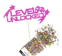 Cakeshop Cake Decoration Pack | Gaming Controller Theme Premium Double Sided Glitter Card Cake Topper Sign & 25g Party Pack of Cake Sugar Sprinkles | Custom Age Cake Decorations (Bright Pink)