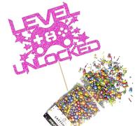 Cakeshop Cake Decoration Pack | Gaming Controller Theme Premium Double Sided Glitter Card Cake Topper Sign & 25g Party Pack of Cake Sugar Sprinkles | Custom Age Cake Decorations (Bright Pink)