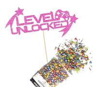 Cakeshop Cake Decoration Pack | Gaming Controller Theme Premium Double Sided Glitter Card Cake Topper Sign & 25g Party Pack of Cake Sugar Sprinkles | Custom Age Cake Decorations (Baby Pink)