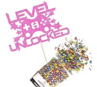 Cakeshop Cake Decoration Pack | Gaming Controller Theme Premium Double Sided Glitter Card Cake Topper Sign & 25g Party Pack of Cake Sugar Sprinkles | Custom Age Cake Decorations (Baby Pink)