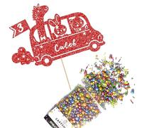 Cakeshop Cake Decoration Pack | Jungle Animal Zoo Bus Premium Double Sided Glitter Card Cake Topper & 25g Party Pack of Cake Sugar Sprinkles | Custom Name & Age Cake Decorations (Red)