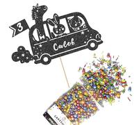 Cakeshop Cake Decoration Pack | Jungle Animal Zoo Bus Premium Double Sided Glitter Card Cake Topper & 25g Party Pack of Cake Sugar Sprinkles | Custom Name & Age Cake Decorations (Black)