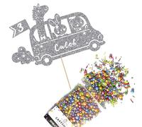 Cakeshop Cake Decoration Pack | Jungle Animal Zoo Bus Premium Double Sided Glitter Card Cake Topper & 25g Party Pack of Cake Sugar Sprinkles | Custom Name & Age Cake Decorations (Dark Silver)