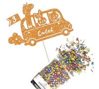 Cakeshop Cake Decoration Pack | Jungle Animal Zoo Bus Premium Double Sided Glitter Card Cake Topper & 25g Party Pack of Cake Sugar Sprinkles | Custom Name & Age Cake Decorations (Orange)