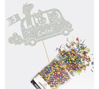 Cakeshop Cake Decoration Pack | Jungle Animal Zoo Bus Premium Double Sided Glitter Card Cake Topper & 25g Party Pack of Cake Sugar Sprinkles | Custom Name & Age Cake Decorations (Light Silver)