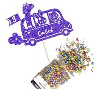 Cakeshop Cake Decoration Pack | Jungle Animal Zoo Bus Premium Double Sided Glitter Card Cake Topper & 25g Party Pack of Cake Sugar Sprinkles | Custom Name & Age Cake Decorations (Bright Blue)