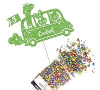 Cakeshop Cake Decoration Pack | Jungle Animal Zoo Bus Premium Double Sided Glitter Card Cake Topper & 25g Party Pack of Cake Sugar Sprinkles | Custom Name & Age Cake Decorations (Green)