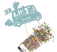 Cakeshop Cake Decoration Pack | Jungle Animal Zoo Bus Premium Double Sided Glitter Card Cake Topper & 25g Party Pack of Cake Sugar Sprinkles | Custom Name & Age Cake Decorations (Baby Blue)