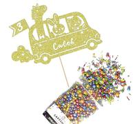Cakeshop Cake Decoration Pack | Jungle Animal Zoo Bus Premium Double Sided Glitter Card Cake Topper & 25g Party Pack of Cake Sugar Sprinkles | Custom Name & Age Cake Decorations (Champagne)