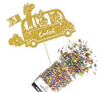 Cakeshop Cake Decoration Pack | Jungle Animal Zoo Bus Premium Double Sided Glitter Card Cake Topper & 25g Party Pack of Cake Sugar Sprinkles | Custom Name & Age Cake Decorations (Gold)