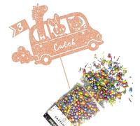 Cakeshop Cake Decoration Pack | Jungle Animal Zoo Bus Premium Double Sided Glitter Card Cake Topper & 25g Party Pack of Cake Sugar Sprinkles | Custom Name & Age Cake Decorations (Rose Gold)