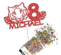 Cakeshop Cake Decoration Pack | Jungle Happy Birthday Premium Double Sided Glitter Card Cake Topper & 25g Party Pack of Cake Sugar Sprinkles | Custom Name & Age Cake Decoration (Red)