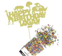 Cakeshop Cake Decoration Pack | Jungle Safari Birthday Premium Double Sided Glitter Card Cake Topper & 25g Party Pack of Cake Sugar Sprinkles | Custom Name & Age Cake Decoration (Champagne)