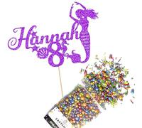 Cakeshop Cake Decoration Pack | Mermaid Happy Birthday Premium Double Sided Glitter Card Cake Topper & 25g Party Pack of Cake Sugar Sprinkles | Custom Name & Age Cake Decorations (Purple)