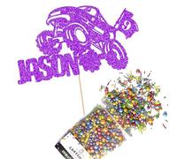 Cakeshop Cake Decoration Pack | Monster Truck Birthday Premium Double Sided Glitter Card Cake Topper & 25g Party Pack of Cake Sugar Sprinkles | Custom Name & Age Cake Decorations (Purple)