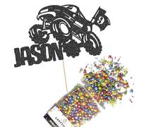 Cakeshop Cake Decoration Pack | Monster Truck Birthday Premium Double Sided Glitter Card Cake Topper & 25g Party Pack of Cake Sugar Sprinkles | Custom Name & Age Cake Decorations (Black)