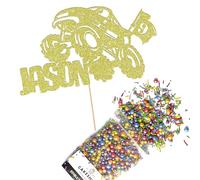 Cakeshop Cake Decoration Pack | Monster Truck Birthday Premium Double Sided Glitter Card Cake Topper & 25g Party Pack of Cake Sugar Sprinkles | Custom Name & Age Cake Decorations (Champagne)