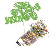 Cakeshop Cake Decoration Pack | Monster Truck Birthday Premium Double Sided Glitter Card Cake Topper & 25g Party Pack of Cake Sugar Sprinkles | Custom Name & Age Cake Decorations (Green)