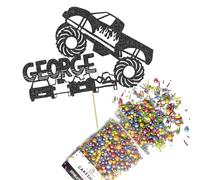 Cakeshop Cake Decoration Pack | Monster Truck Birthday Premium Double Sided Glitter Card Cake Topper Sign & 25g Party Pack of Cake Sugar Sprinkles | Custom Name Cake Decorations (Black)