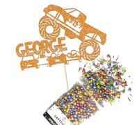 Cakeshop Cake Decoration Pack | Monster Truck Birthday Premium Double Sided Glitter Card Cake Topper Sign & 25g Party Pack of Cake Sugar Sprinkles | Custom Name Cake Decorations (Orange)