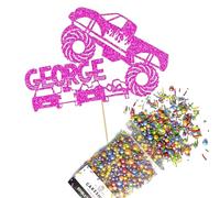 Cakeshop Cake Decoration Pack | Monster Truck Birthday Premium Double Sided Glitter Card Cake Topper Sign & 25g Party Pack of Cake Sugar Sprinkles | Custom Name Cake Decorations (Bright Pink)