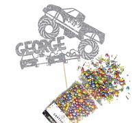 Cakeshop Cake Decoration Pack | Monster Truck Birthday Premium Double Sided Glitter Card Cake Topper Sign & 25g Party Pack of Cake Sugar Sprinkles | Custom Name Cake Decorations (Dark Silver)