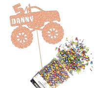 Cakeshop Cake Decoration Pack | Monster Truck Theme Premium Double Sided Glitter Card Cake Topper & 25g Party Pack of Cake Sugar Sprinkles | Custom Name & Age Cake Decorations (Rose Gold)
