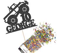 Cakeshop Cake Decoration Pack | Monster Truck Theme Premium Double Sided Glitter Card Cake Topper & 25g Party Pack of Cake Sugar Sprinkles | Custom Name & Age Cake Decorations (Black)