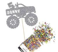 Cakeshop Cake Decoration Pack | Monster Truck Theme Premium Double Sided Glitter Card Cake Topper & 25g Party Pack of Cake Sugar Sprinkles | Custom Name & Age Cake Decorations (Dark Silver)