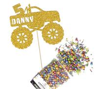 Cakeshop Cake Decoration Pack | Monster Truck Theme Premium Double Sided Glitter Card Cake Topper & 25g Party Pack of Cake Sugar Sprinkles | Custom Name & Age Cake Decorations (Gold)