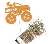 Cakeshop Cake Decoration Pack | Monster Truck Theme Premium Double Sided Glitter Card Cake Topper & 25g Party Pack of Cake Sugar Sprinkles | Custom Name & Age Cake Decorations (Orange)