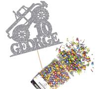 Cakeshop Cake Decoration Pack | Monster Truck Theme Premium Double Sided Glitter Card Cake Topper & 25g Party Pack of Cake Sugar Sprinkles | Custom Name & Age Cake Decorations (Dark Silver)