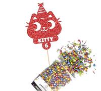 Cakeshop Cake Decoration Pack | Party Cat Birthday Premium Double Sided Glitter Card Cake Topper Sign & 25g Party Pack of Cake Sugar Sprinkles | Custom Name & Age Cake Decoration (Red)