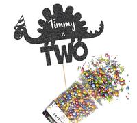 Cakeshop Cake Decoration Pack | Party Dinosaur Premium Double Sided Glitter Card Cake Topper Sign & 25g Party Pack of Cake Sugar Sprinkles | Custom Name & Age Cake Decorations (Black)