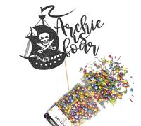 Cakeshop Cake Decoration Pack | Pirate Ship Birthday Premium Double Sided Glitter Card Cake Topper & 25g Party Pack of Cake Sugar Sprinkles | Custom Name & Age Cake Decorations (Black)