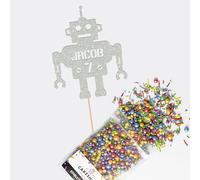 Cakeshop Cake Decoration Pack | Robot Alien Birthday Premium Double Sided Glitter Card Cake Topper & 25g Party Pack of Cake Sugar Sprinkles | Custom Name & Age Cake Decorations (Light Silver)