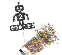 Cakeshop Cake Decoration Pack | Robot Alien Birthday Premium Double Sided Glitter Card Cake Topper & 25g Party Pack of Cake Sugar Sprinkles | Custom Name & Age Cake Decorations (Black)