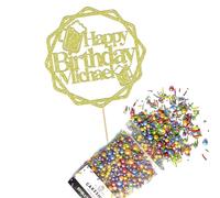Cakeshop Cake Decoration Pack | Round Beers Happy Birthday Premium Double Sided Glitter Card Cake Topper & 25g Party Pack of Cake Sugar Sprinkles | Custom Name Cake Decorations (Champagne)