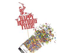 Cakeshop Cake Decoration Pack | Scooter Birthday Theme Premium Double Sided Glitter Card Cake Topper Sign & 25g Party Pack of Cake Sugar Sprinkles | Custom Name Cake Decorations (Red)