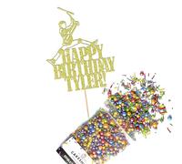 Cakeshop Cake Decoration Pack | Scooter Birthday Theme Premium Double Sided Glitter Card Cake Topper Sign & 25g Party Pack of Cake Sugar Sprinkles | Custom Name Cake Decorations (Champagne)