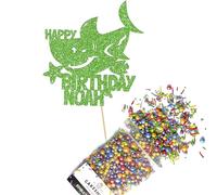 Cakeshop Cake Decoration Pack | Shark Birthday Party Theme Premium Double Sided Glitter Card Cake Topper & 25g Party Pack of Cake Sugar Sprinkles | Custom Name Cake Decorations (Green)